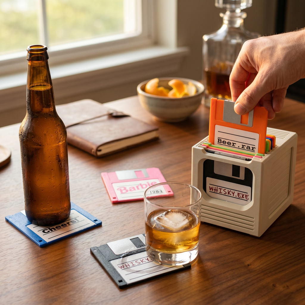 Floppy Click — Retro 80s Floppy Disk Coaster Holder, 8 Coasters, Desk Accessory