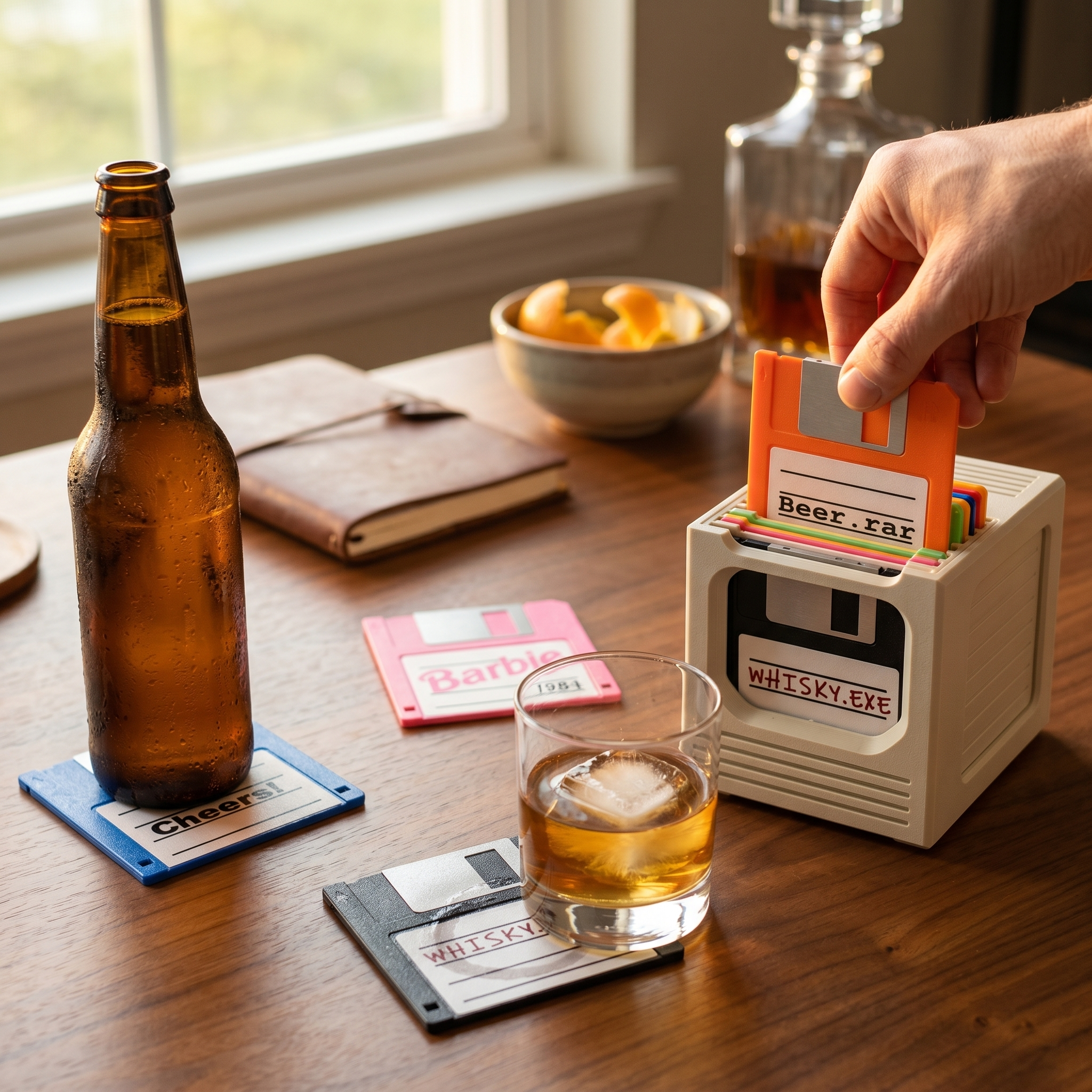 Floppy Click — Retro 80s Floppy Disk Coaster Holder, 8 Coasters, Desk Accessory