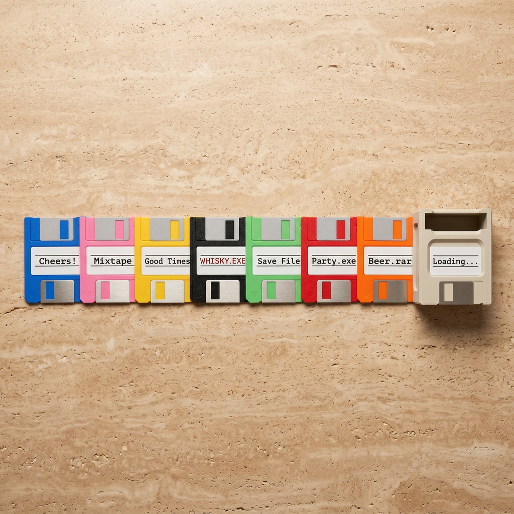Floppy Click — Retro 80s Floppy Disk Coaster Holder, 8 Coasters, Desk Accessory
