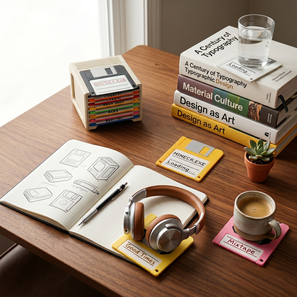 Floppy Click — Retro 80s Floppy Disk Coaster Holder, 8 Coasters, Desk Accessory