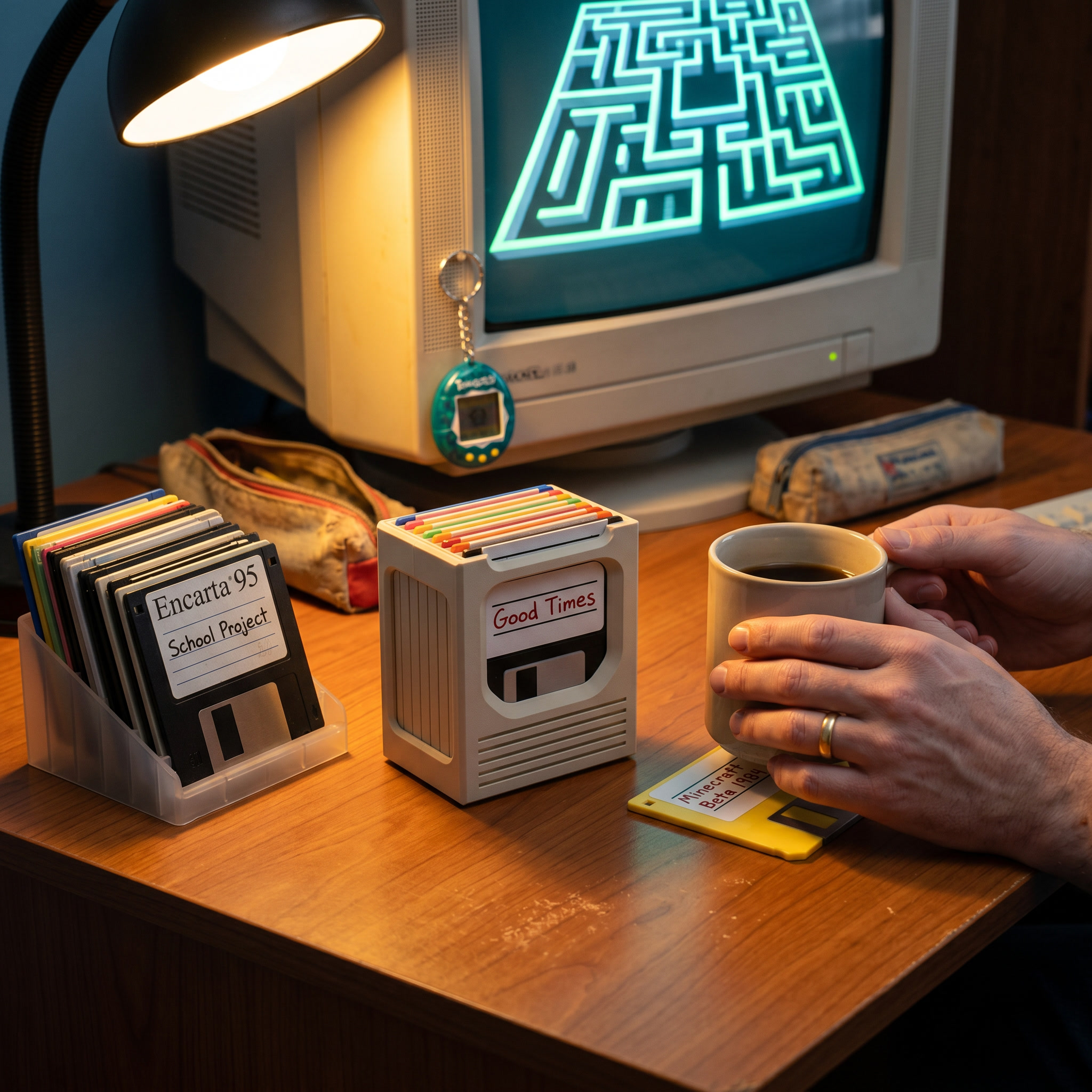 Floppy Click — Retro 80s Floppy Disk Coaster Holder, 8 Coasters, Desk Accessory
