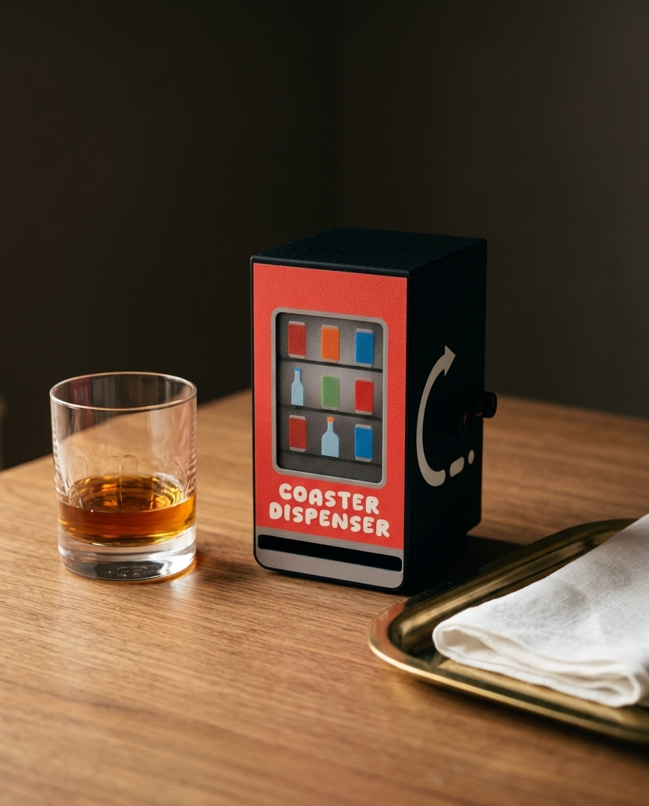Coaster Dispenser — Vending Machine Style, 6 Square Coasters, Desk Accessory