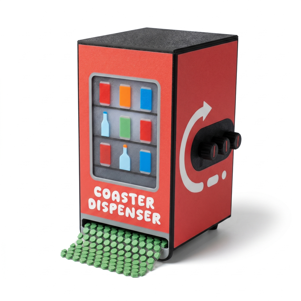 Coaster Dispenser — Vending Machine Style, 6 Square Coasters, Desk Accessory