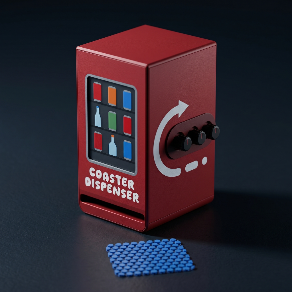 Coaster Dispenser — Vending Machine Style, 6 Square Coasters, Desk Accessory