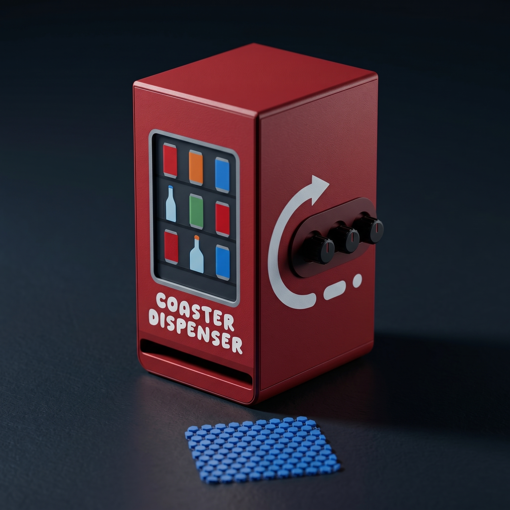 Coaster Dispenser — Vending Machine Style, 6 Square Coasters, Desk Accessory