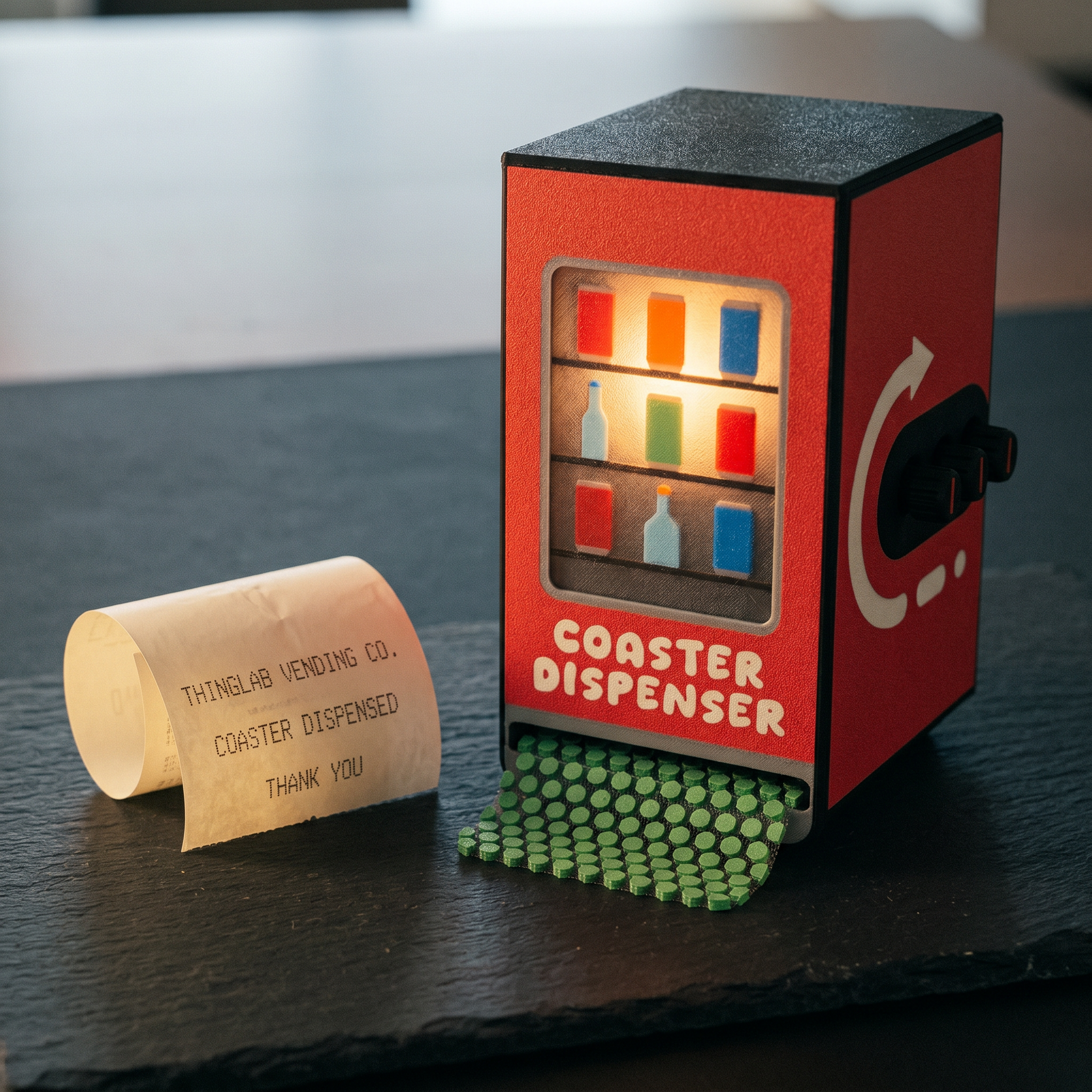 Coaster Dispenser — Vending Machine Style, 6 Square Coasters, Desk Accessory