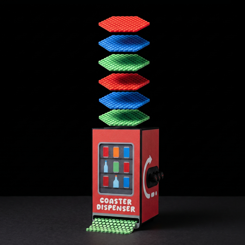 Coaster Dispenser — Vending Machine Style, 6 Square Coasters, Desk Accessory