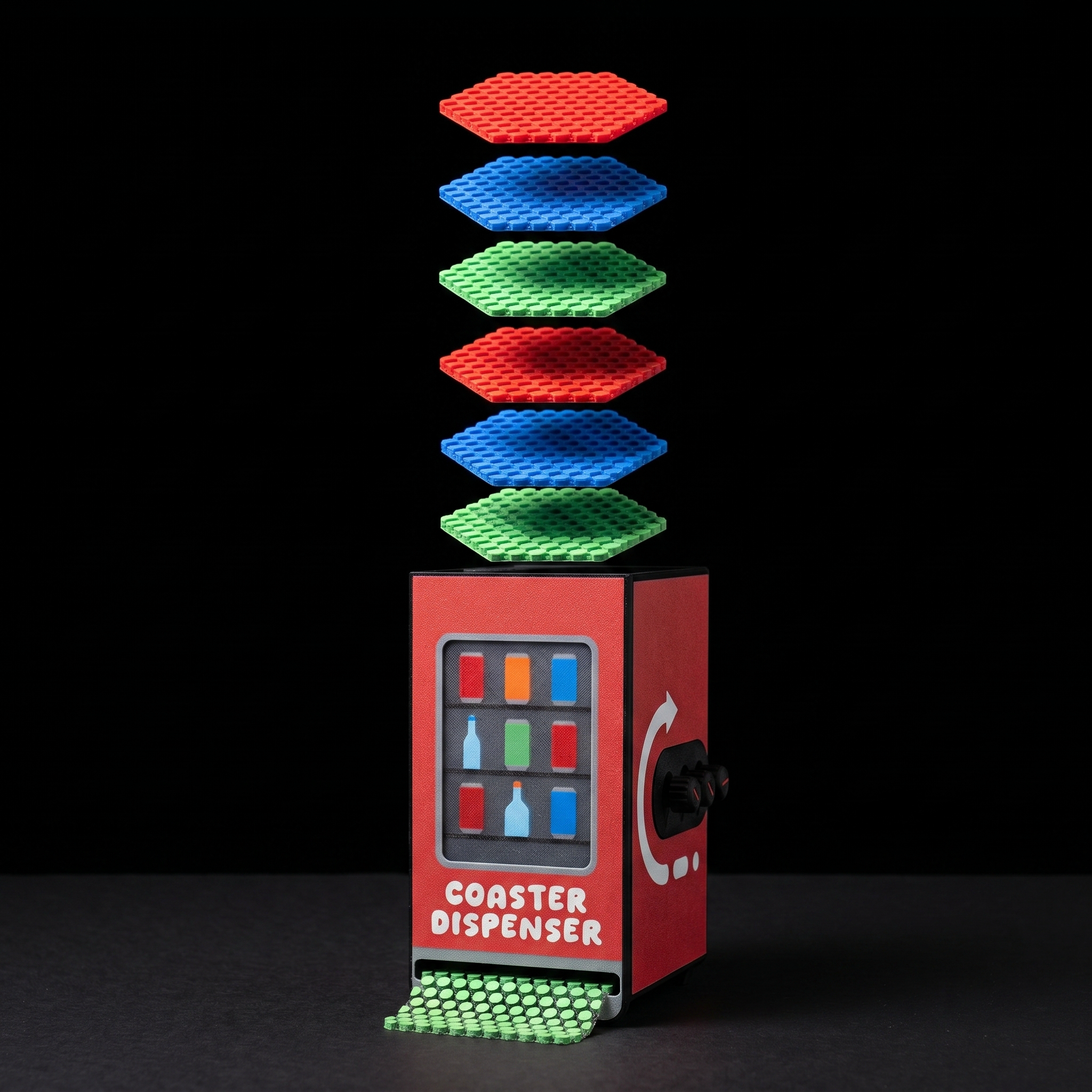Coaster Dispenser — Vending Machine Style, 6 Square Coasters, Desk Accessory