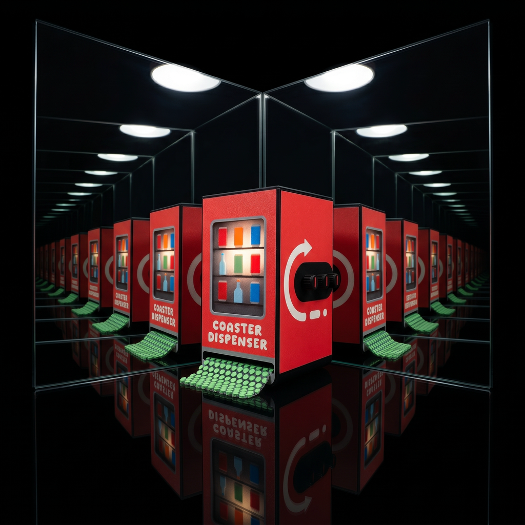 Coaster Dispenser — Vending Machine Style, 6 Square Coasters, Desk Accessory