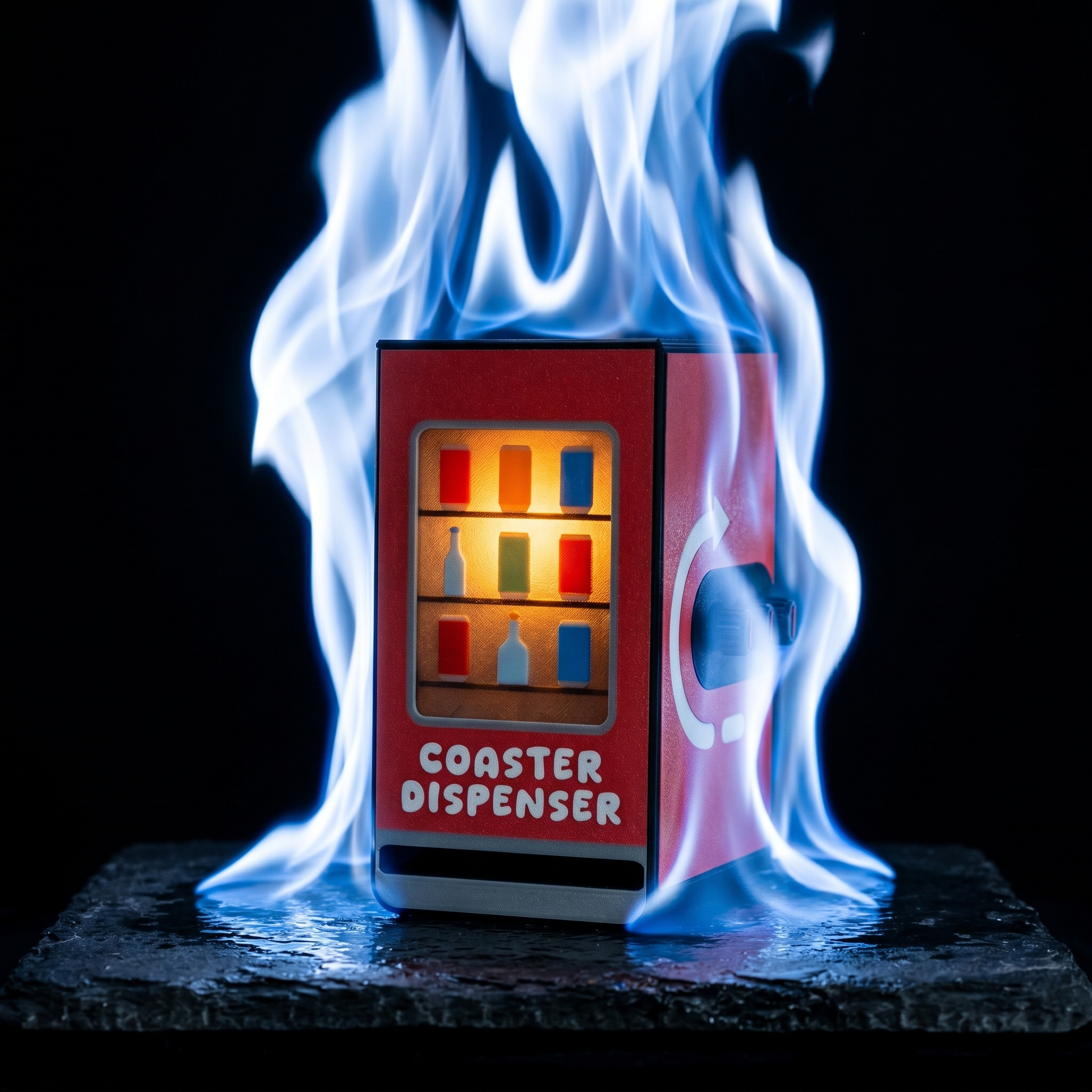 Coaster Dispenser — Vending Machine Style, 6 Square Coasters, Desk Accessory
