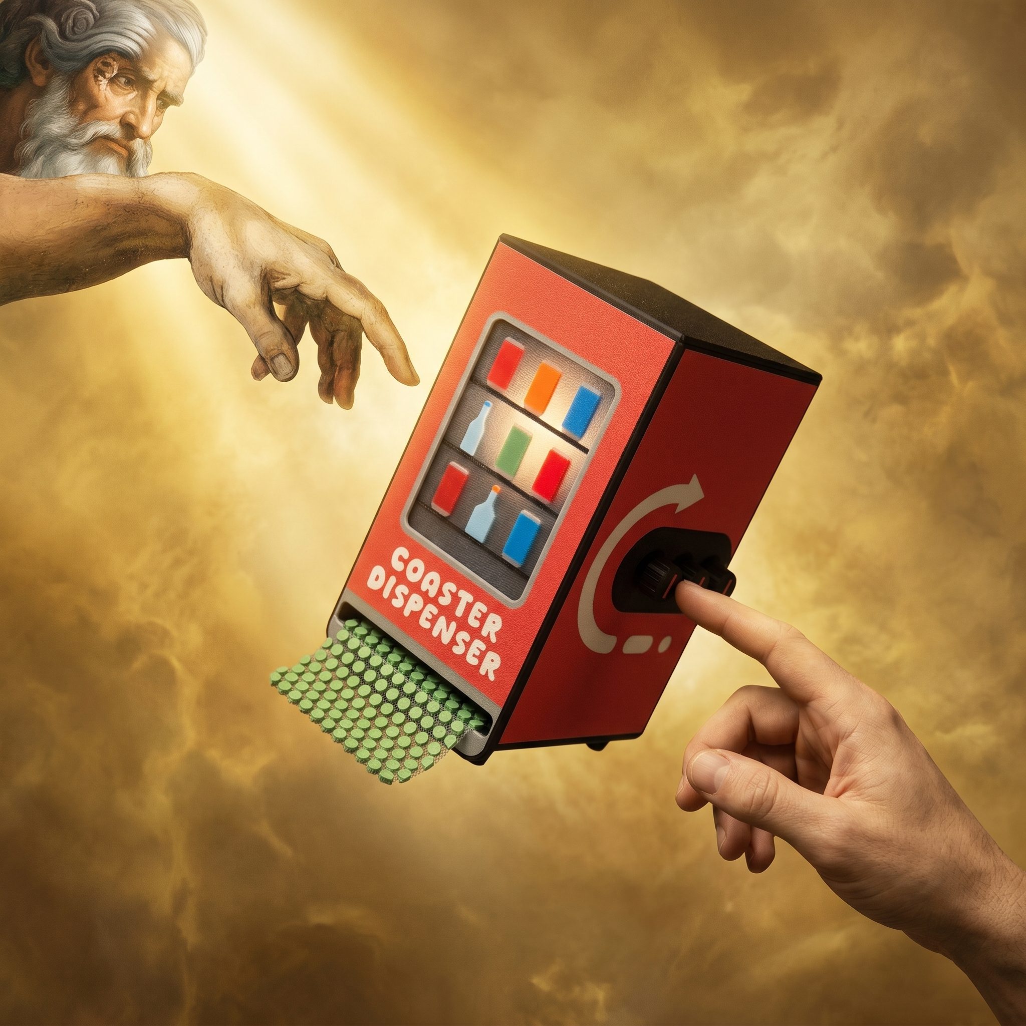 Coaster Dispenser — Vending Machine Style, 6 Square Coasters, Desk Accessory