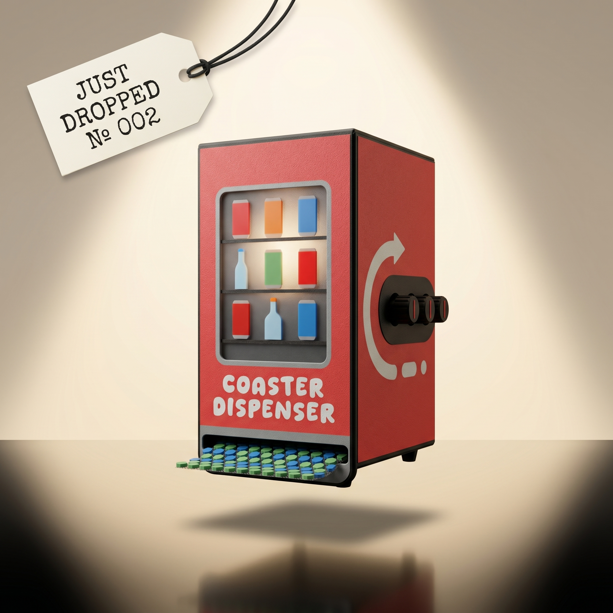 Coaster Dispenser — Vending Machine Style, 6 Square Coasters, Desk Accessory