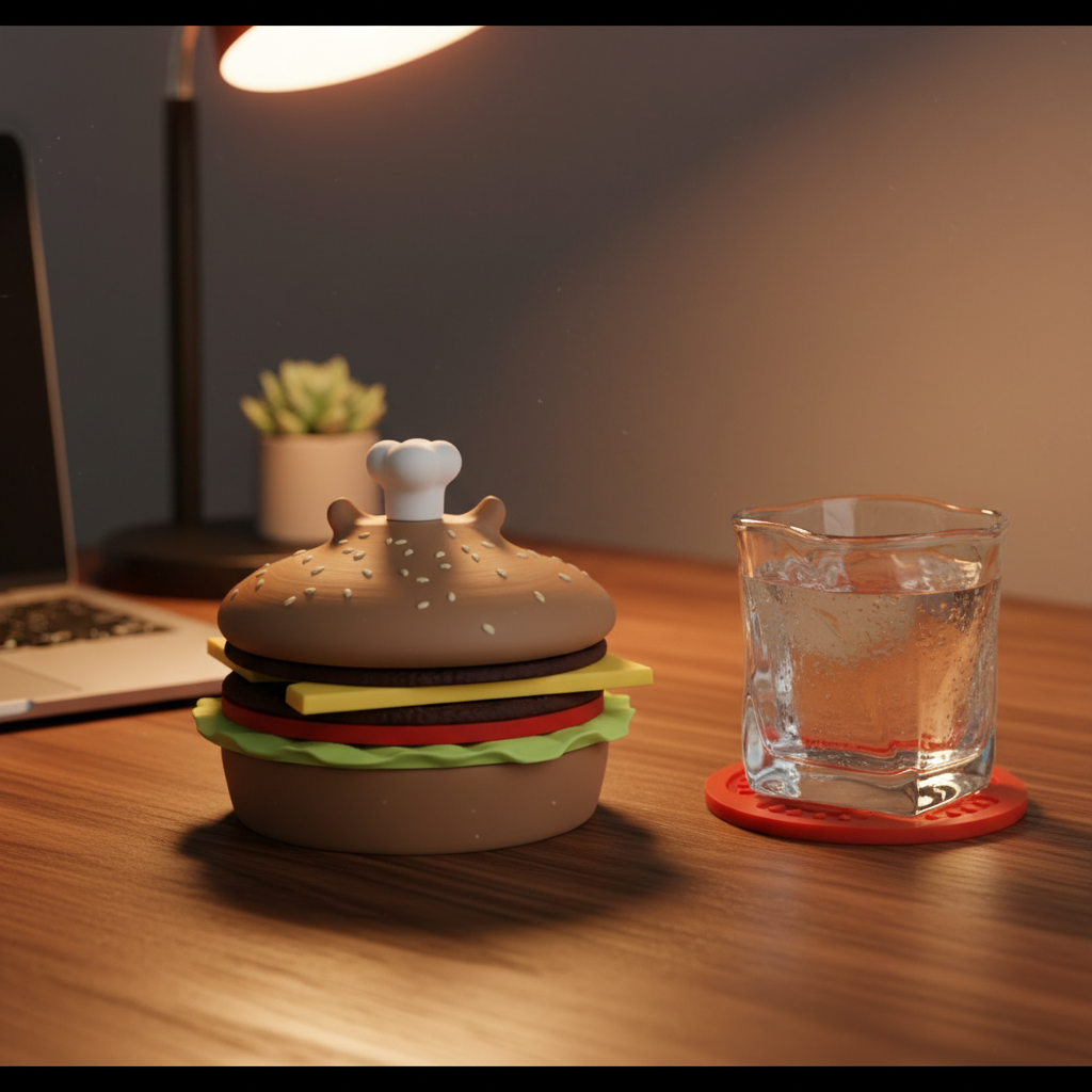 Capy-Burger Coaster Set — Capybara Burger, 4 Coasters + Bottle Opener, Desk Accessory