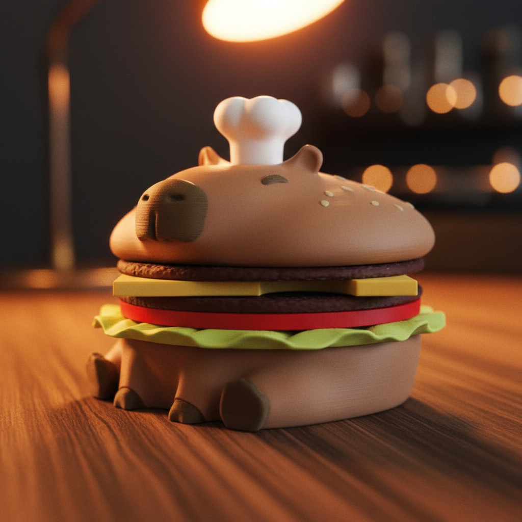 Capy-Burger Coaster Set — Capybara Burger, 4 Coasters + Bottle Opener, Desk Accessory