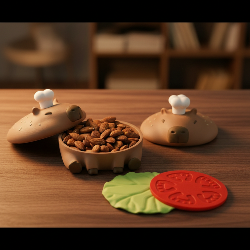 Capy-Burger Coaster Set — Capybara Burger, 4 Coasters + Bottle Opener, Desk Accessory