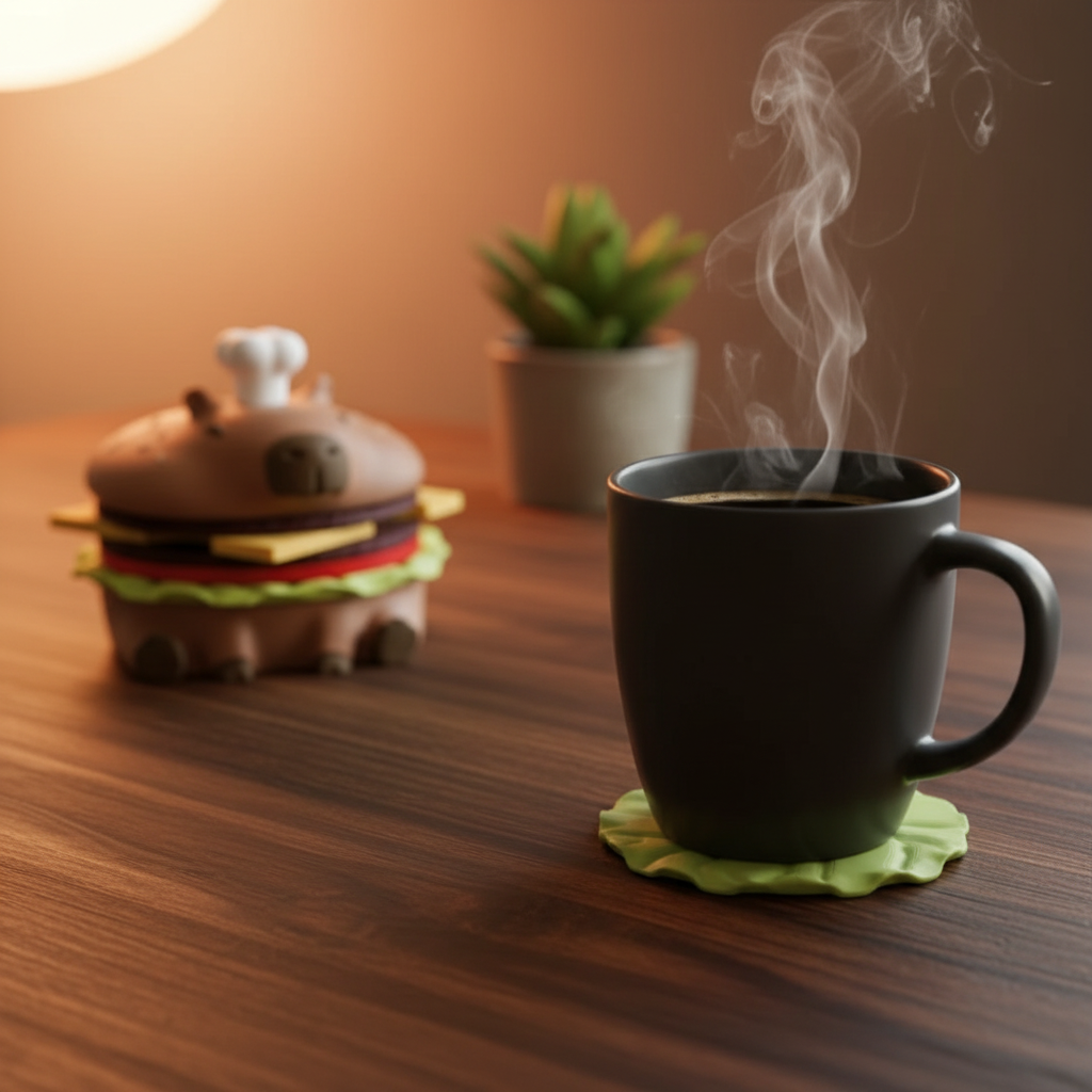Capy-Burger Coaster Set — Capybara Burger, 4 Coasters + Bottle Opener, Desk Accessory