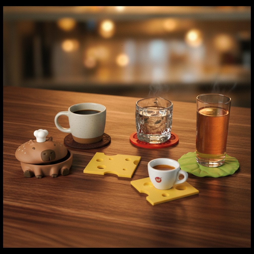 Capy-Burger Coaster Set — Capybara Burger, 4 Coasters + Bottle Opener, Desk Accessory