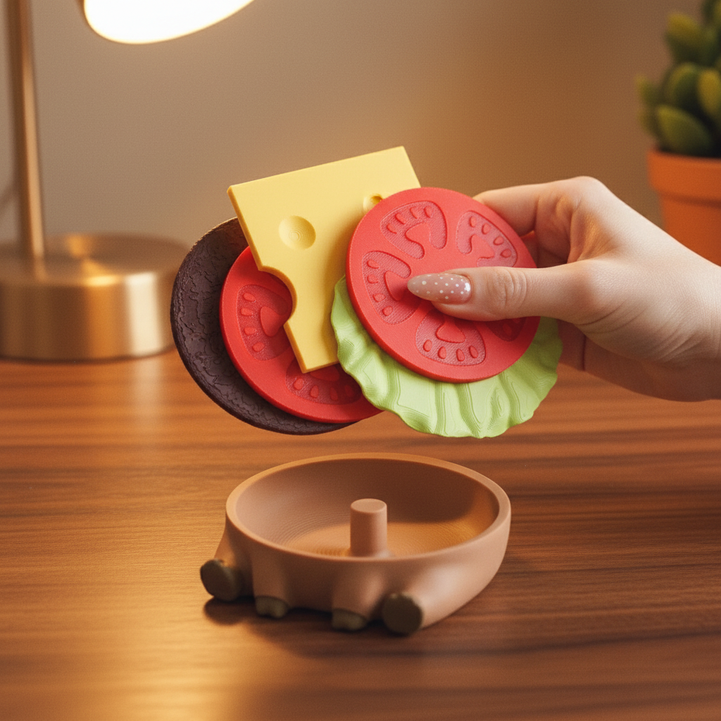 Capy-Burger Coaster Set — Capybara Burger, 4 Coasters + Bottle Opener, Desk Accessory