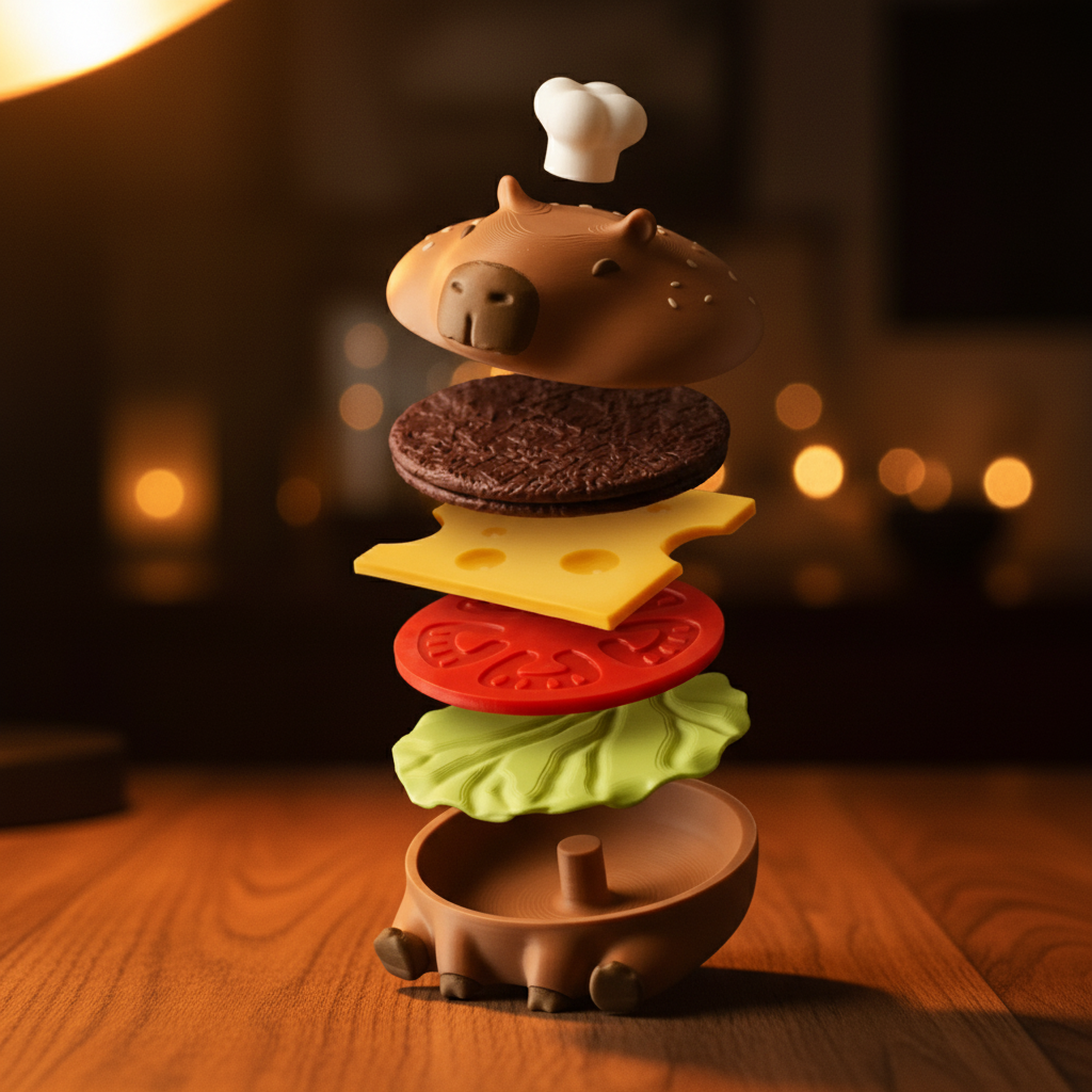 Capy-Burger Coaster Set — Capybara Burger, 4 Coasters + Bottle Opener, Desk Accessory