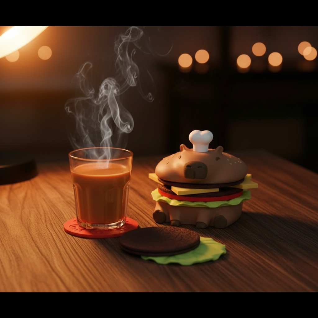 Capy-Burger Coaster Set — Capybara Burger, 4 Coasters + Bottle Opener, Desk Accessory