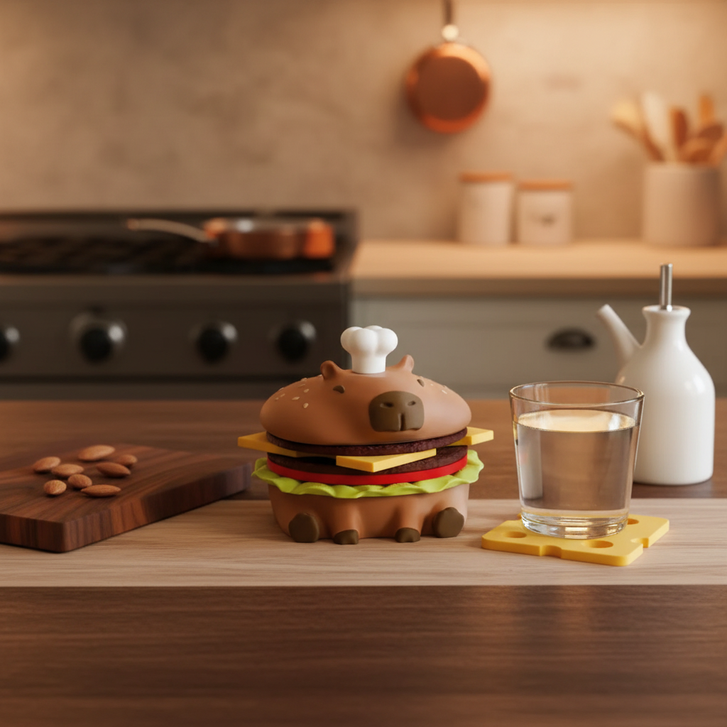 Capy-Burger Coaster Set — Capybara Burger, 4 Coasters + Bottle Opener, Desk Accessory